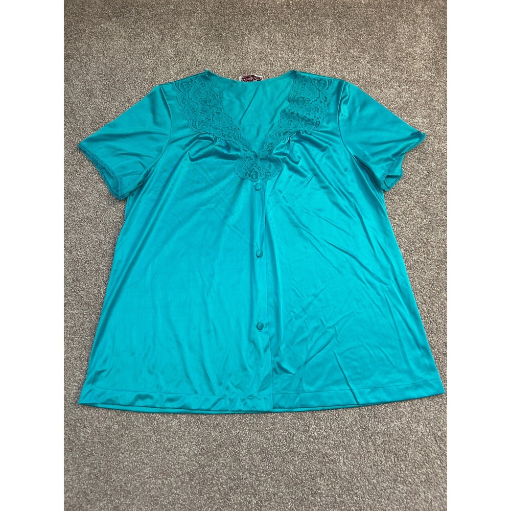 Vanity Fair Bed Jacket Womens Medium Teal Blue Excellent Vintage Lace Trim Top